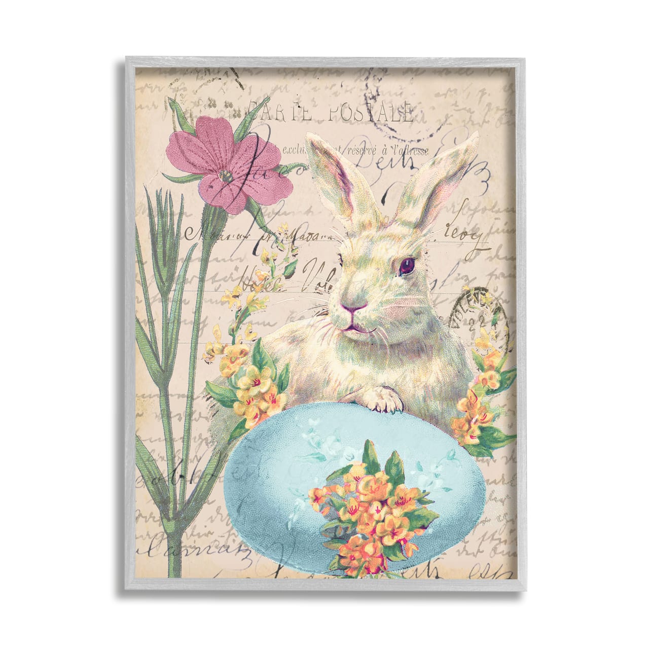 Stupell Industries Easter Bunny Spring Blue Egg Vintage Postal Script Framed Wall Art